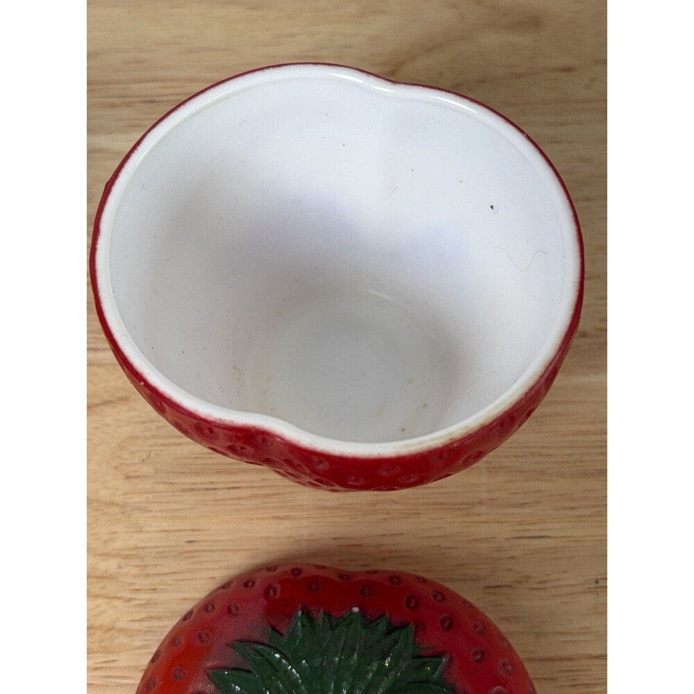Hazel Atlas Jelly Jar Apple Strawberry Milk Glass Pair Lidded Jam Jar Vintage - Picture 9 of 15